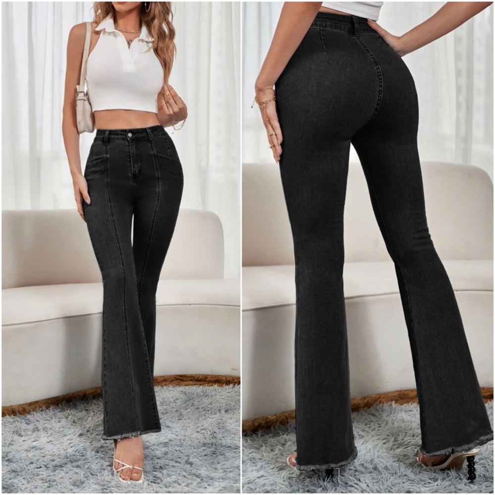 Black Frayed Hem Wide leg Fitted Denim Jeans - Picture 6 of 8